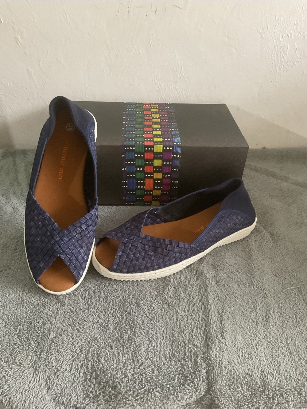 bernie mev. Navy Woven Peep-Toe Slip-Ons - Picture 2 of 4